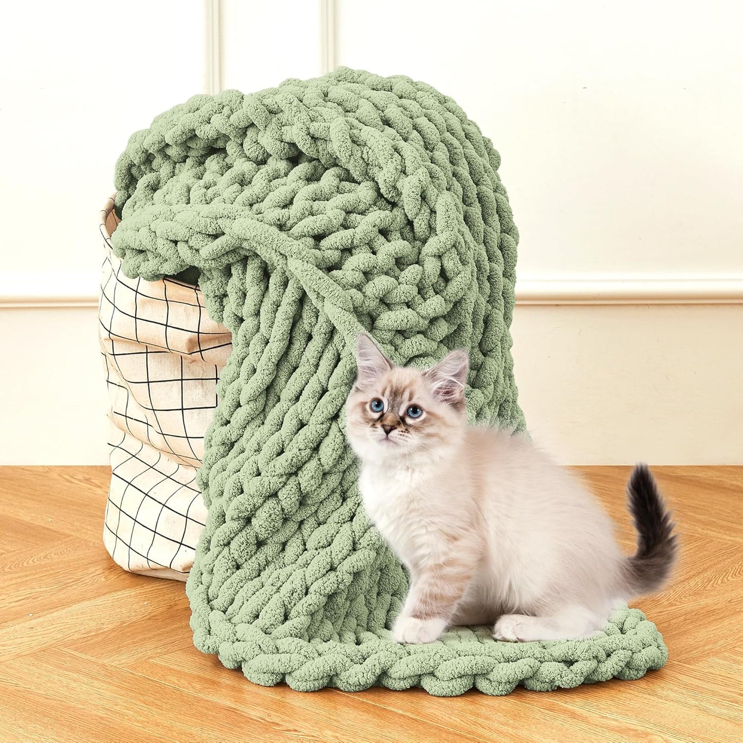 Admitrack Chunky Knit Blanket Throw, 100% Hand Knit Chenille Throw Blanket for Sofa & Home Decor, Soft and Cozy Knitted Throw Blankets (Sage Green,51"x63")