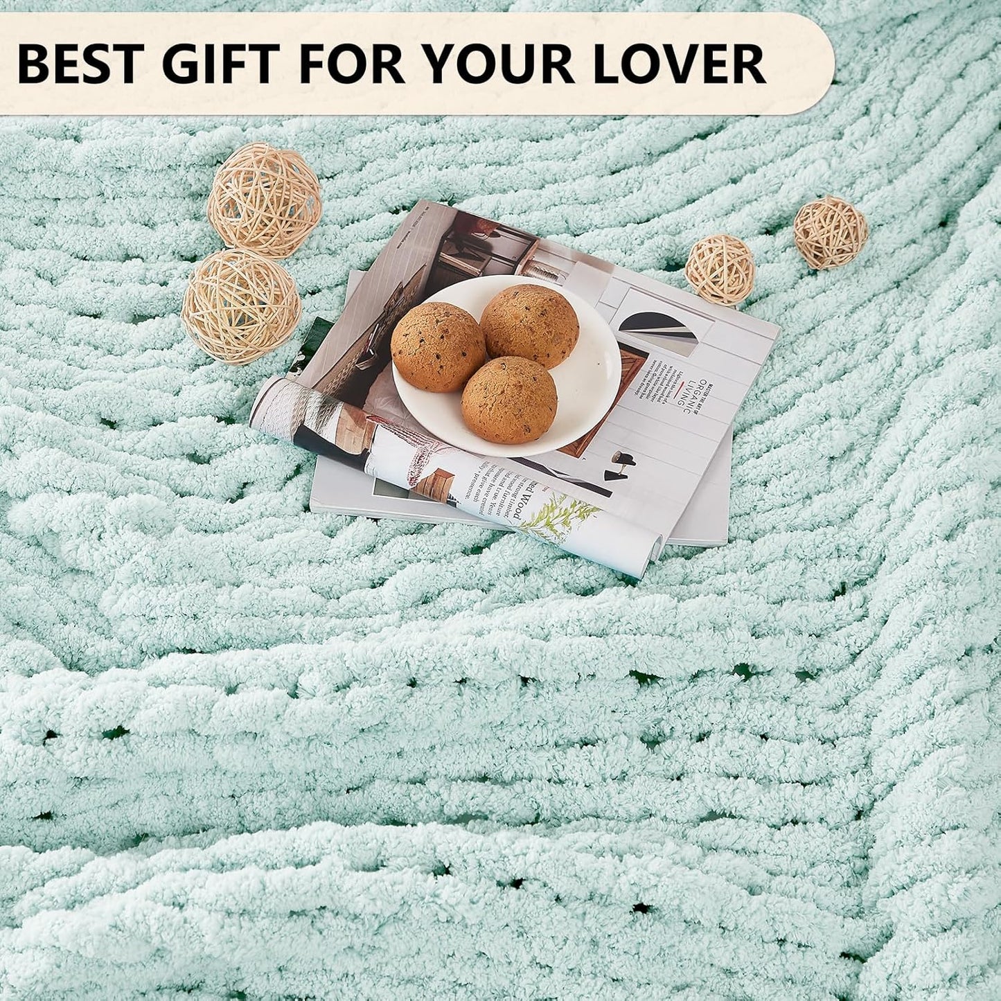 L'AGRATY Chunky Knit Blanket Throw: 50''x60'' Chenille Chunky Knitted Throw Blanket for Bed Couch - Handmade Thick Big Cable Knit Blanket - Large Crochet Rope Blanket for Home Decor(Mint Green)