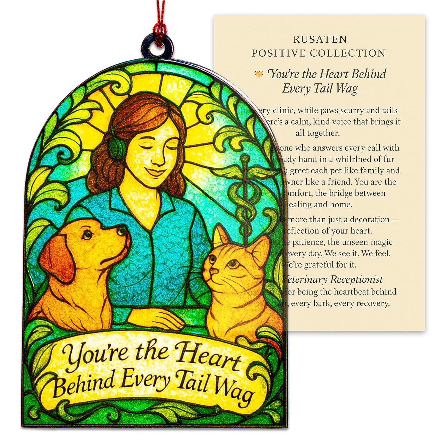 Veterinary Receptionist Ornament – Pet Care Appreciation | Animal Clinic Gift – Dog Cat Vet Office Decor Card – Christmas Thank You Keepsake – Suncatcher Effect Stained Glass Window – Car Hanging