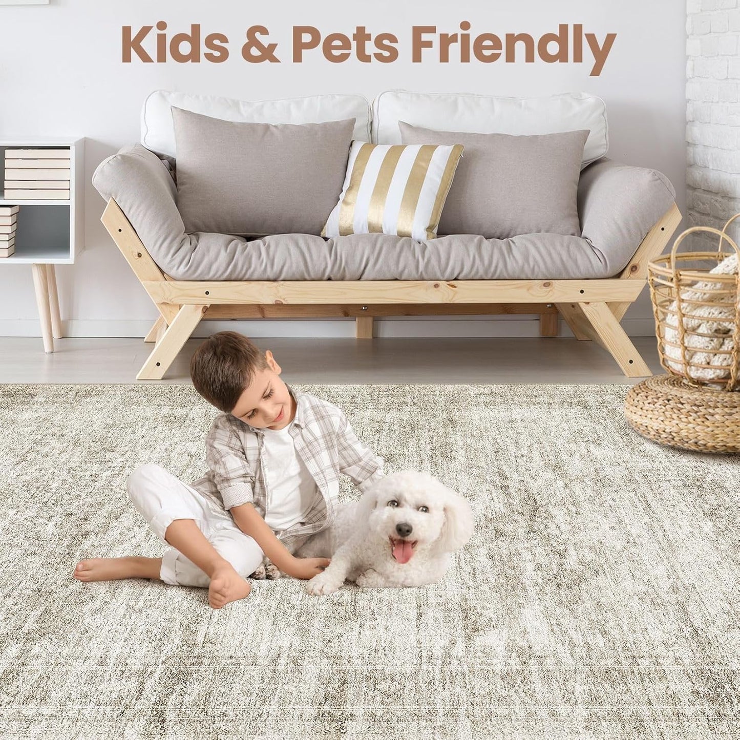 Washable Area Rugs for Living Room -6x9 Neutral Vintage Distressed Floral Farmhouse Boho Large Soft Floor Rug Indoor Non Slip Carpet for Living Room Bedroom Dining Room Office-Beige