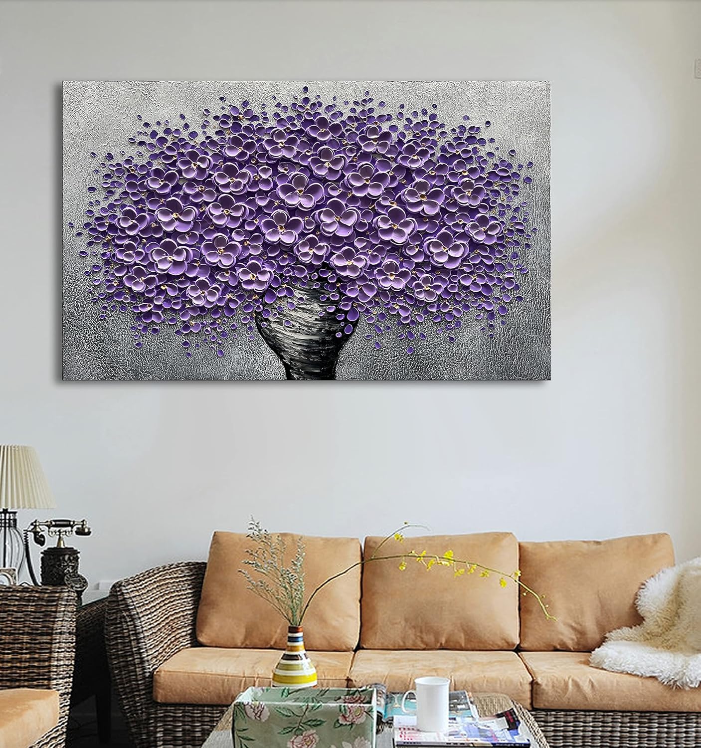 Epicler art hand-painted purple 3D flower decorative oil painting, flower wall decorative frame wall Art, modern Art living room, bedroom, office, hotel restaurant wall Art 28x40 inch
