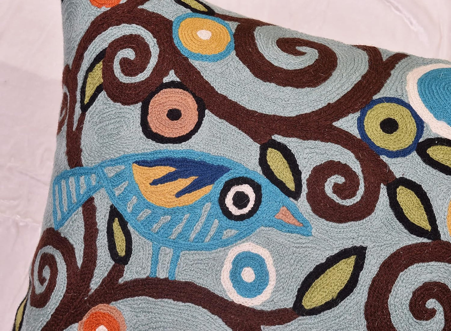 Tree of Life Birds Pillow Cover Teal Blue Floral Pillowcase Botanical Floral Outdoor Suzani Cushions Traditional Flower Cushion Hand Embroidered Cushions Wool Size - 18x18