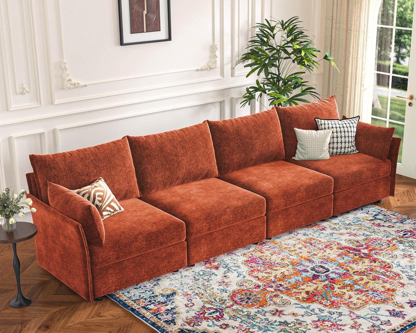 134.6" Modular Sectional Sofa, Oversized 4 Seater Terracotta Orange Couch with Removable Chenille Fabric Cover, Deep Seat & High Backrest for Living Room, Office & Apartment