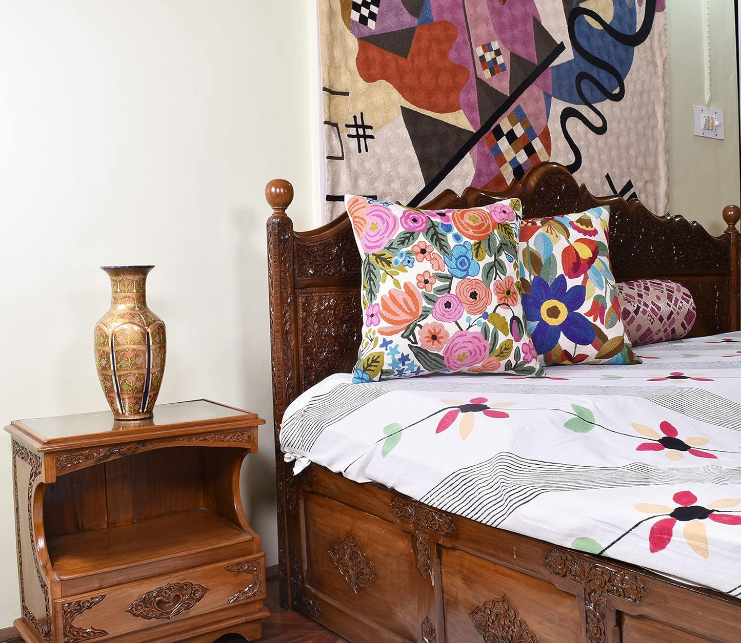 Roses Floral Pillow Cover Flower Farmhouse Chair Cushion Suzani Flowers Pillowcase Boho Florals Accent Throw Pillowsham Wool Hand Embroidered Size 18x18