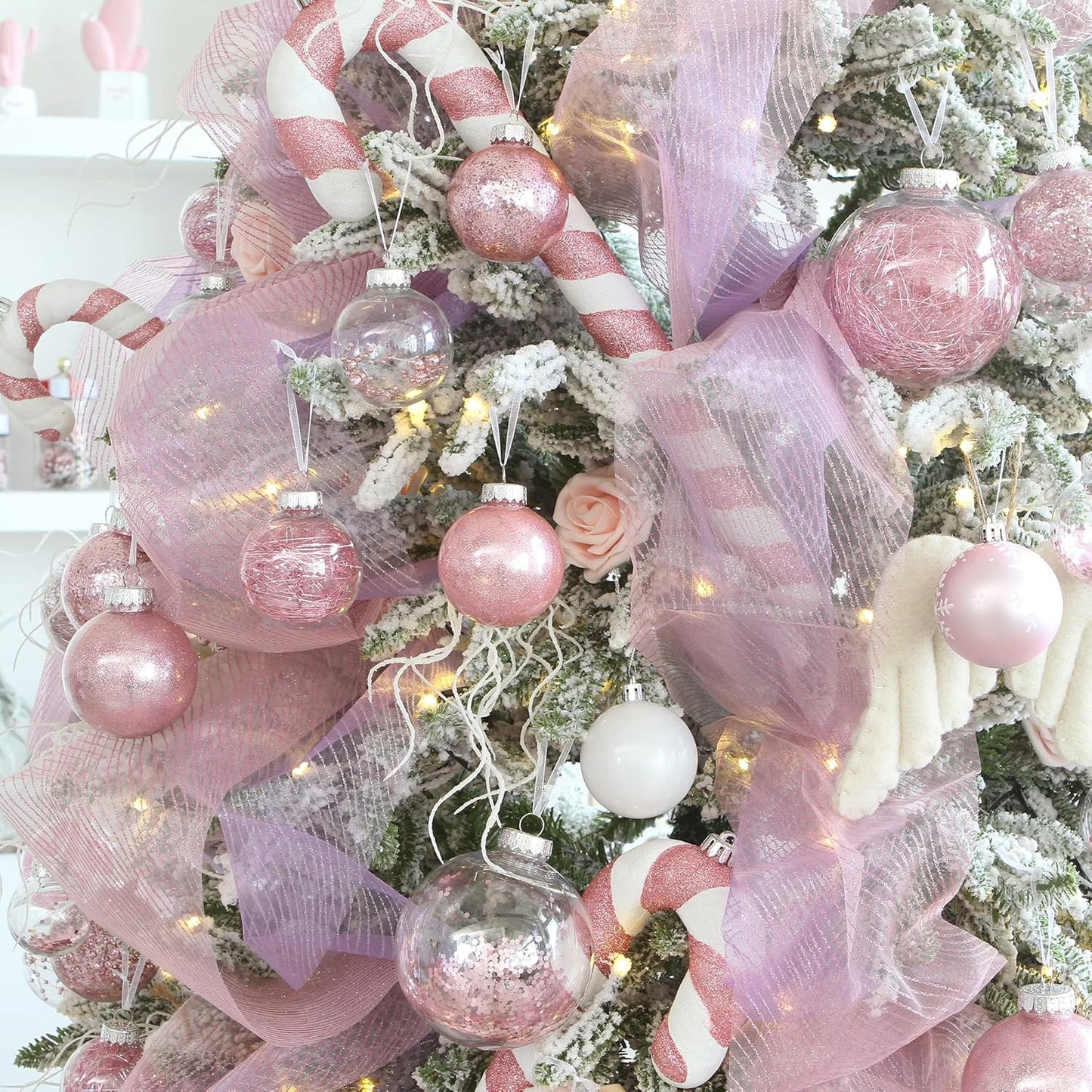 Sea Team 60mm/2.36" Shatterproof Clear Plastic Christmas Tree Ball Ornaments Set, Decorative Hanging Transparent Xmas Baubles with Stuffed Delicate Decorations (30 Counts, Pink)