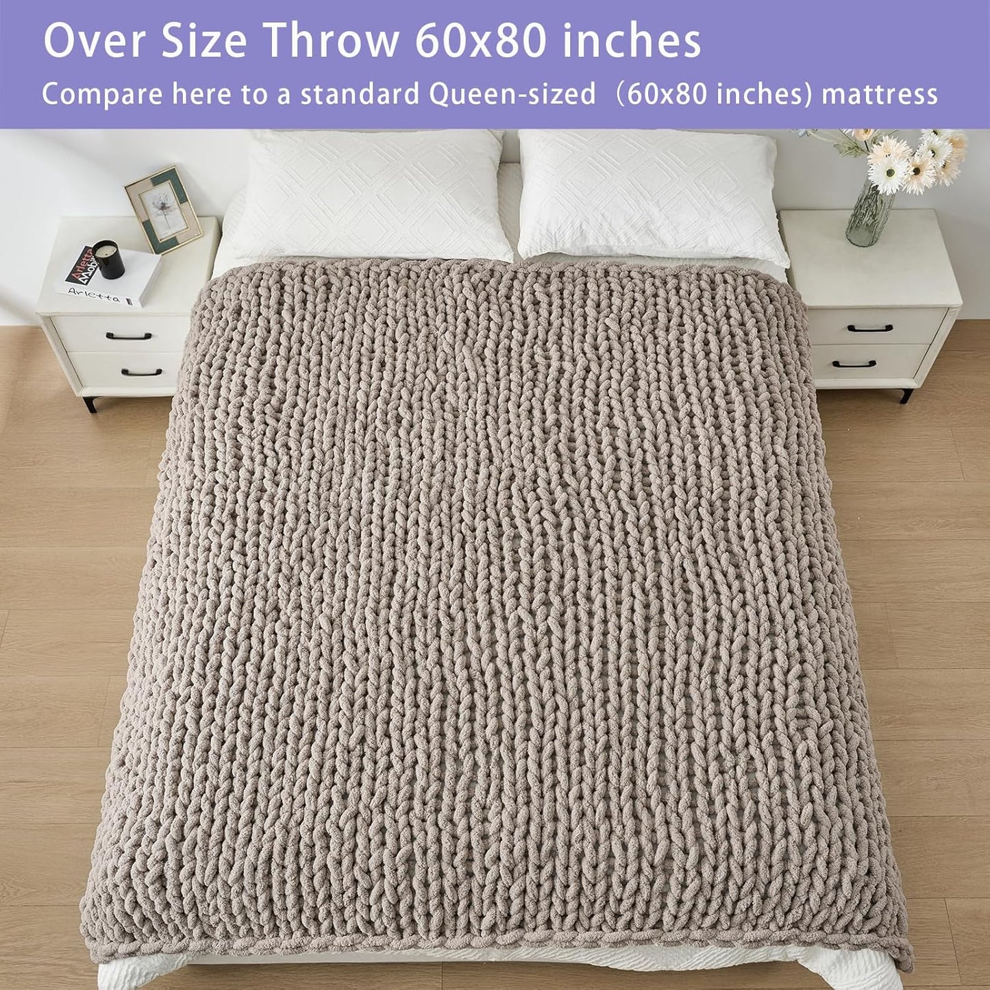 Bigacogo Chunky Knit Throw Blanket for Couch, 60x80 inches, 100% Hand Knitted with Thick Jumbo Chenille Yarn, Cozy Soft Large Rope Knot Cable Crochet Blankets for Sofa Bed Living Room, Taupe