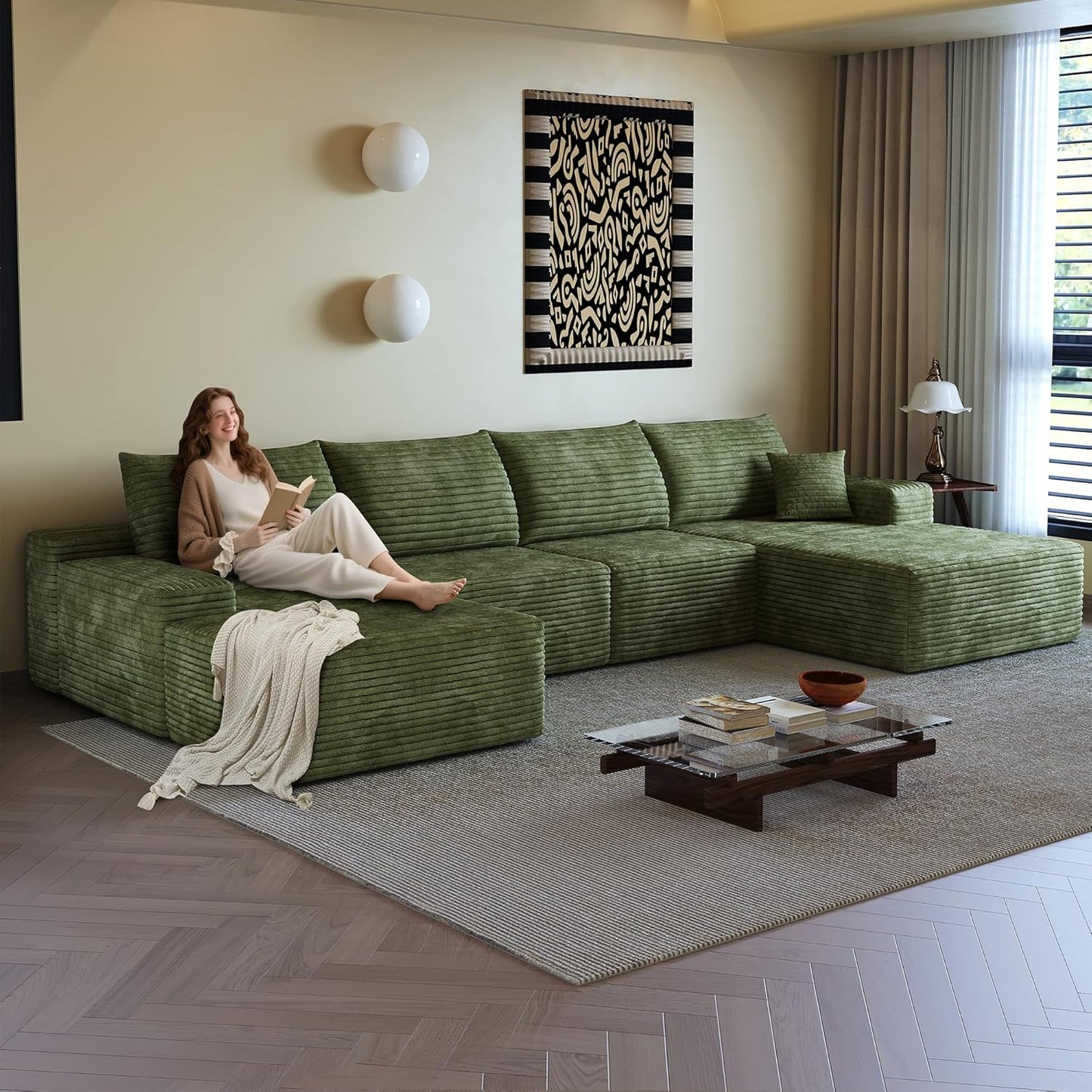 108" Sectional Couches for Living Room Modern Modular Sofa with L-Shape Couchs Upholstered Boneless Couch Deep Seat Sectional Couch with Chaise (Green, Right Facing Chaise+3Seaters+Ottoman)
