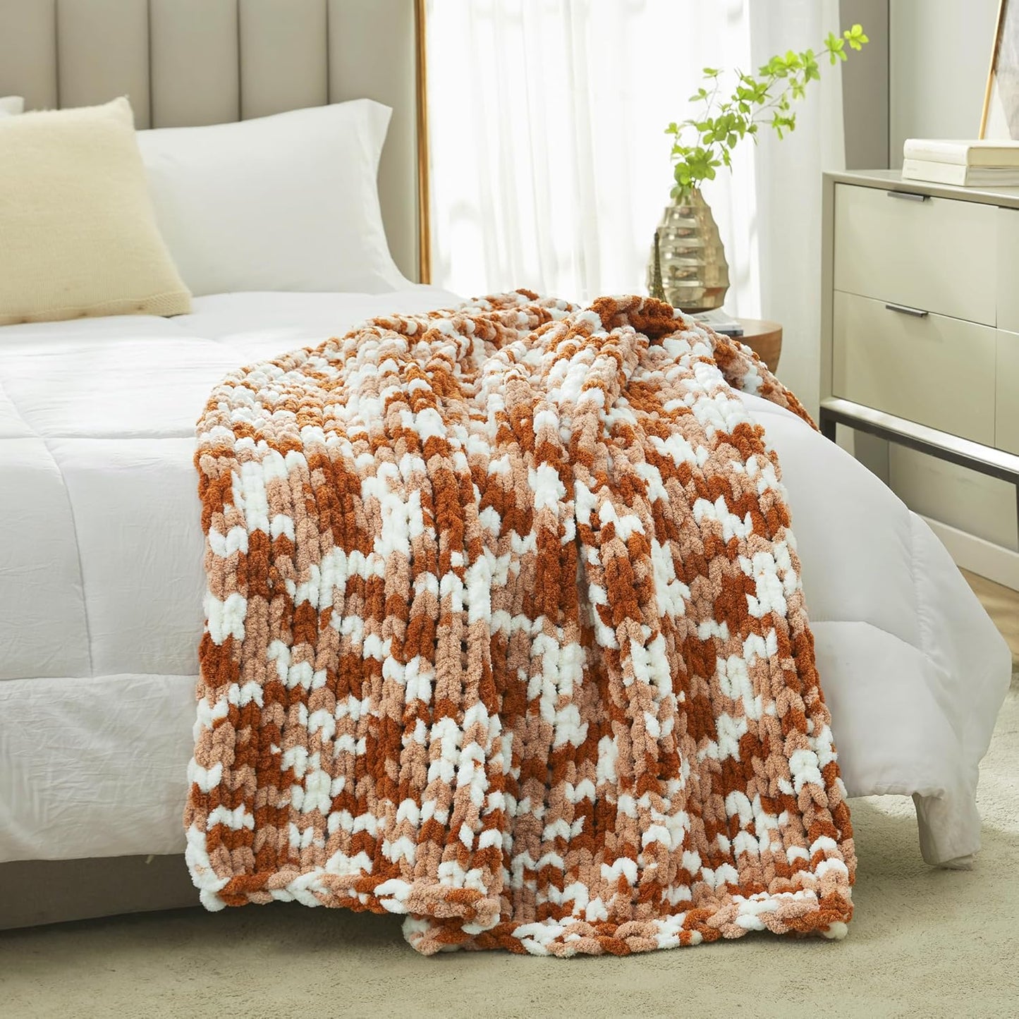 Amélie Home Chunky Knit Throw Blanket for Couch, Soft Chenille Crochet Blanket for Sofa, 50"x60", Space-Dyed Burnt Orange