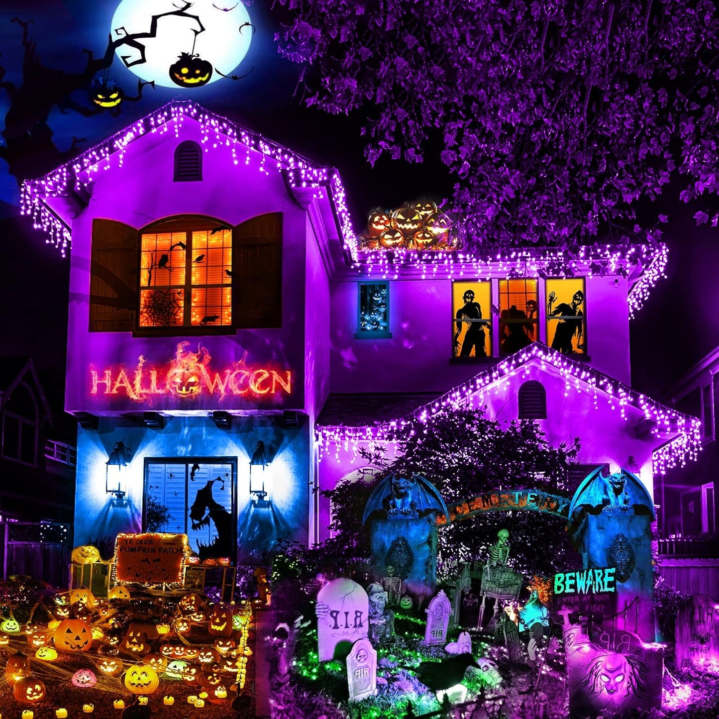 640 LED Halloween Lights Outdoor - 66ft Icicle Lights for Outside 8 Modes with 120 Drops, Waterproof Christmas Icicle Light Plug in for Indoor Outside Party Holiday Christmas Halloween Decorations