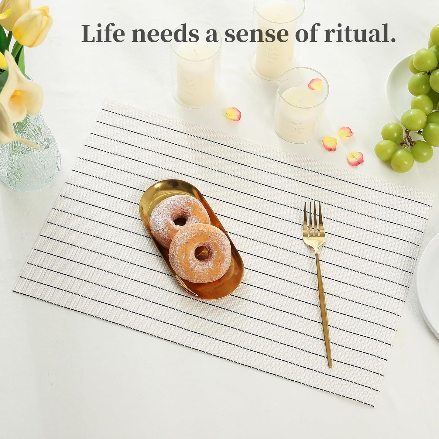 Leetaltree White with Black Stripes Placemats Set of 6 - Heat Resistant Non-Slip Place mats for Dining Table, Washable Durable PVC Vinyl Woven Table Mats(White Stripes, 6)