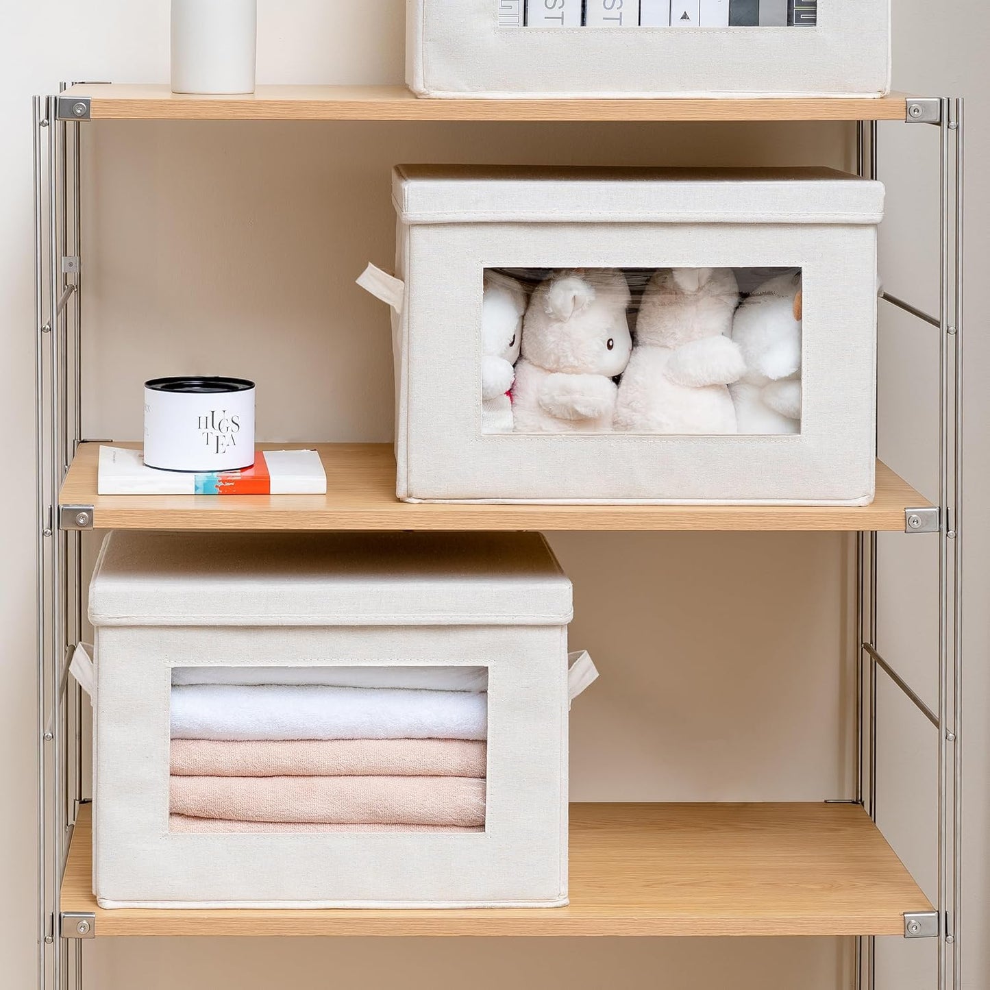 Citylife 4-Pack Storage Bins with Lids, Fabric Foldable Storage Bins with Soft Cord Handles, Cube Closet Storage Baskets with Lids, Organizers for Organizing Clothes and Books, Beige