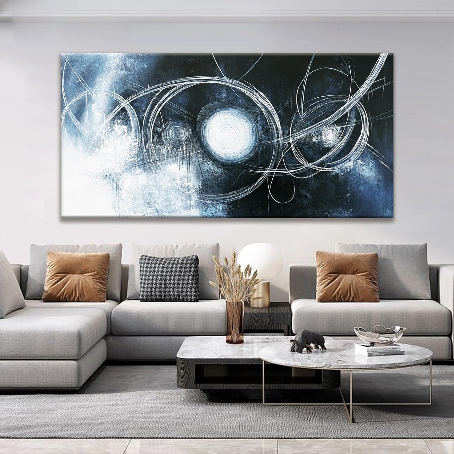 TAIJXAGSG Large Abstract Wall Art For Living Room Modern Dark Blue Wall Canvas Decorations White Line Canvas Wall Art Decor Prints Artwork Bedroom Kitchen Office Home Wall Artwork 29"×58"
