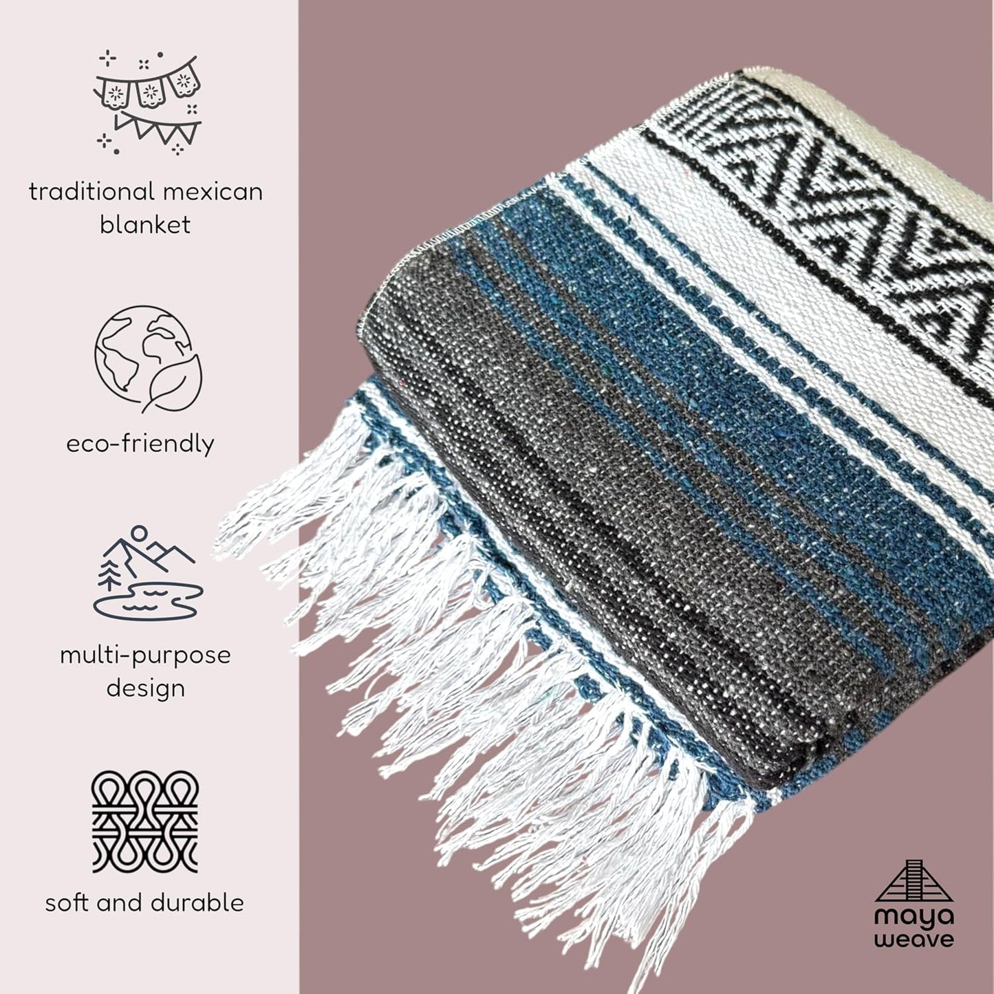 Traditional Handwoven Mexican Blanket, Large Falsa Serape - Soft & Durable - Vibrant Beach, Picnic, Yoga & Camping Mat - Lightweight Boho Throw 70"x50" (Onyx)