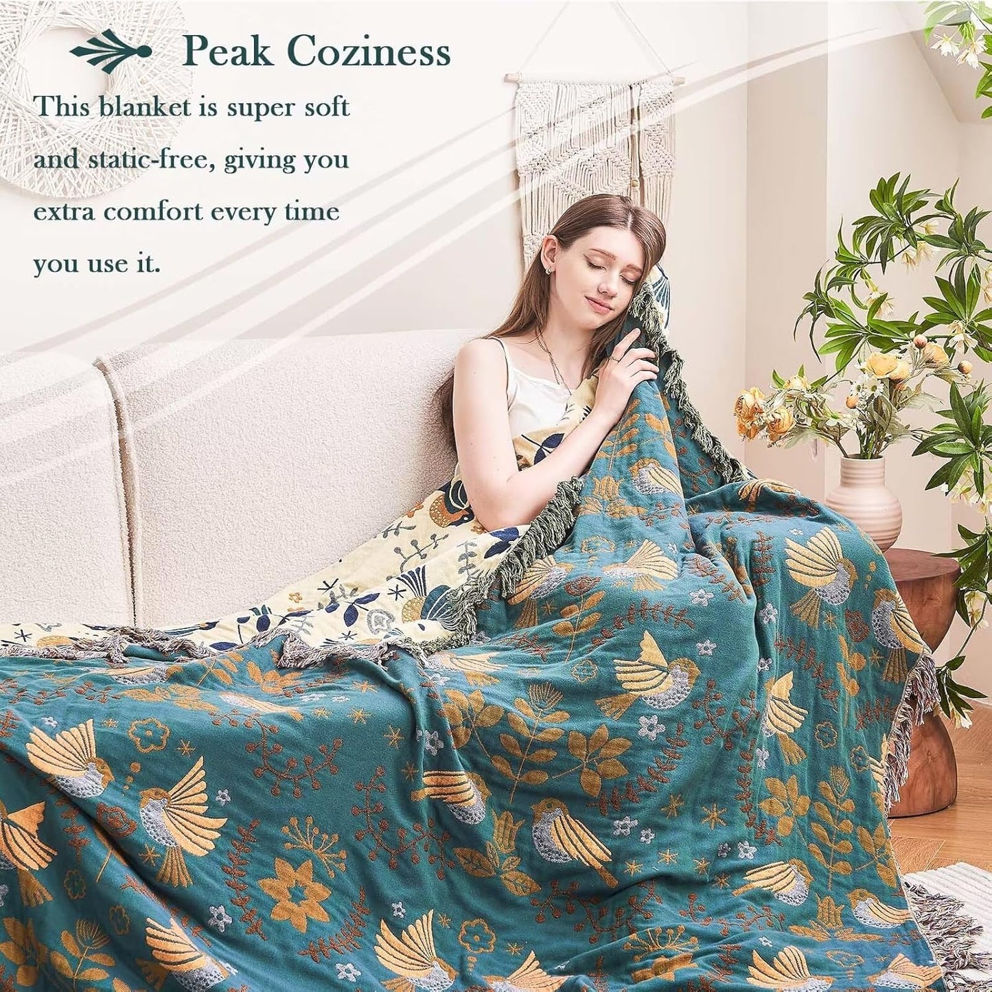 Boho Throw Blanket, 100% Cotton Ultra Soft Luxury Throw Rustic Quilt, 80"x90" Floral Printed Farmhouse Decor Bed Summer Blankets, All Season Rustic Reversible Bohemian Throw for Bed - Blue