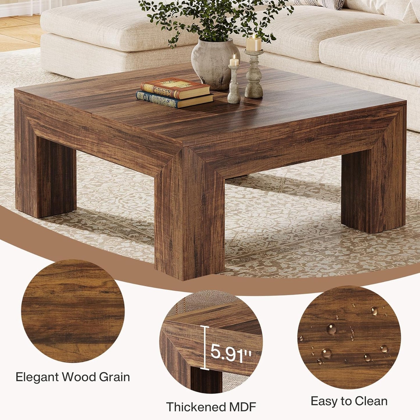 Tribesigns 39.4-Inch Square Coffee Table for Living Room, Farmhouse All MDF Accent Center Cocktail Table with Sturdy Wooden Legs, Easy Assembly, Dark Brown