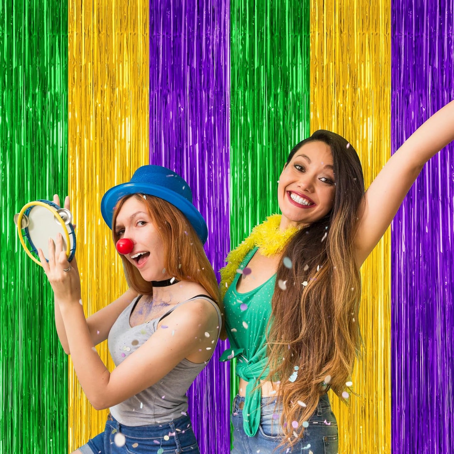 2 Pack Mardi Gras Tinsel Backdrop, 3.28 FT x 7.05 FT Metallic Fringe Curtain, Purple Gold Green Color Foil Backdrop Party Streamer, Mardi Gras Photo Booth Props Lobster Party Decorations