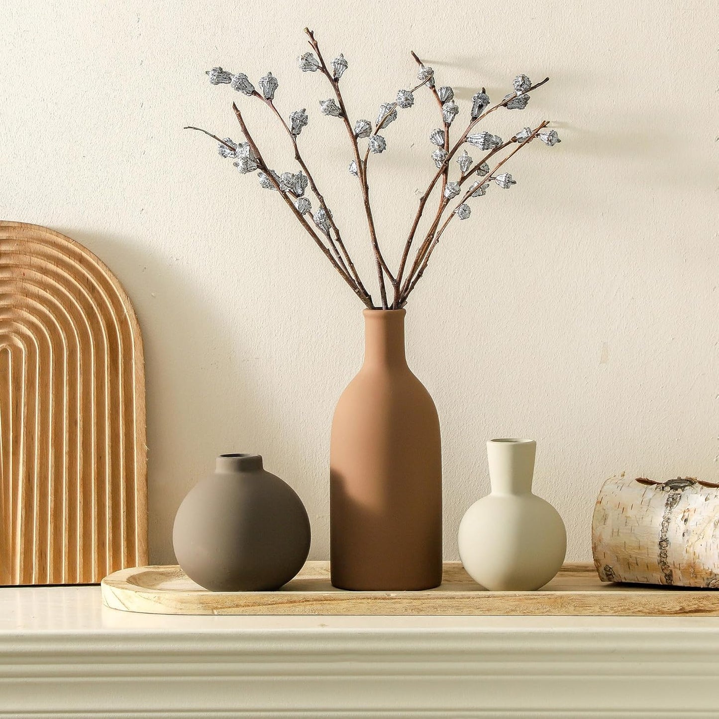 Vase Set of 3 | Ceramic Neutral Vases Home Decor | Rustic Flower Pottery Vases Modern Farmhouse Vase for Table Entryway Mantel Centerpiece Bookshelf Living Room Bathroom Bedroom -Brown Large