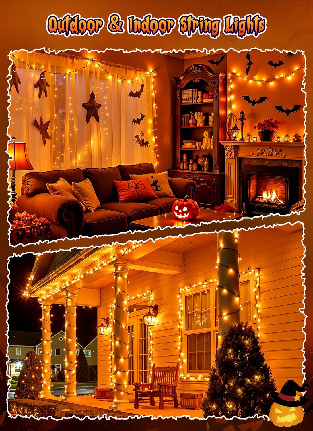 Brightown 2 Pack Halloween Solar String Lights Outdoor, Total 144Ft 400 LED Twinkle Fairy Lights Waterproof with 8 Modes Auto On/Off for Patio Tree Garden Party Home Decorations (Orange)