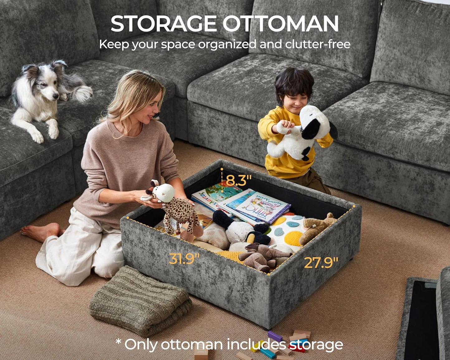 Oversized Modular Sofa Comfy Cloud Couch with Storage, Extra Deep Plush Sectional Sofa Set for Living Room, Covers Washable, Chenille, Olar (Grey, 4-Seater with Ottoman, l-Shaped)