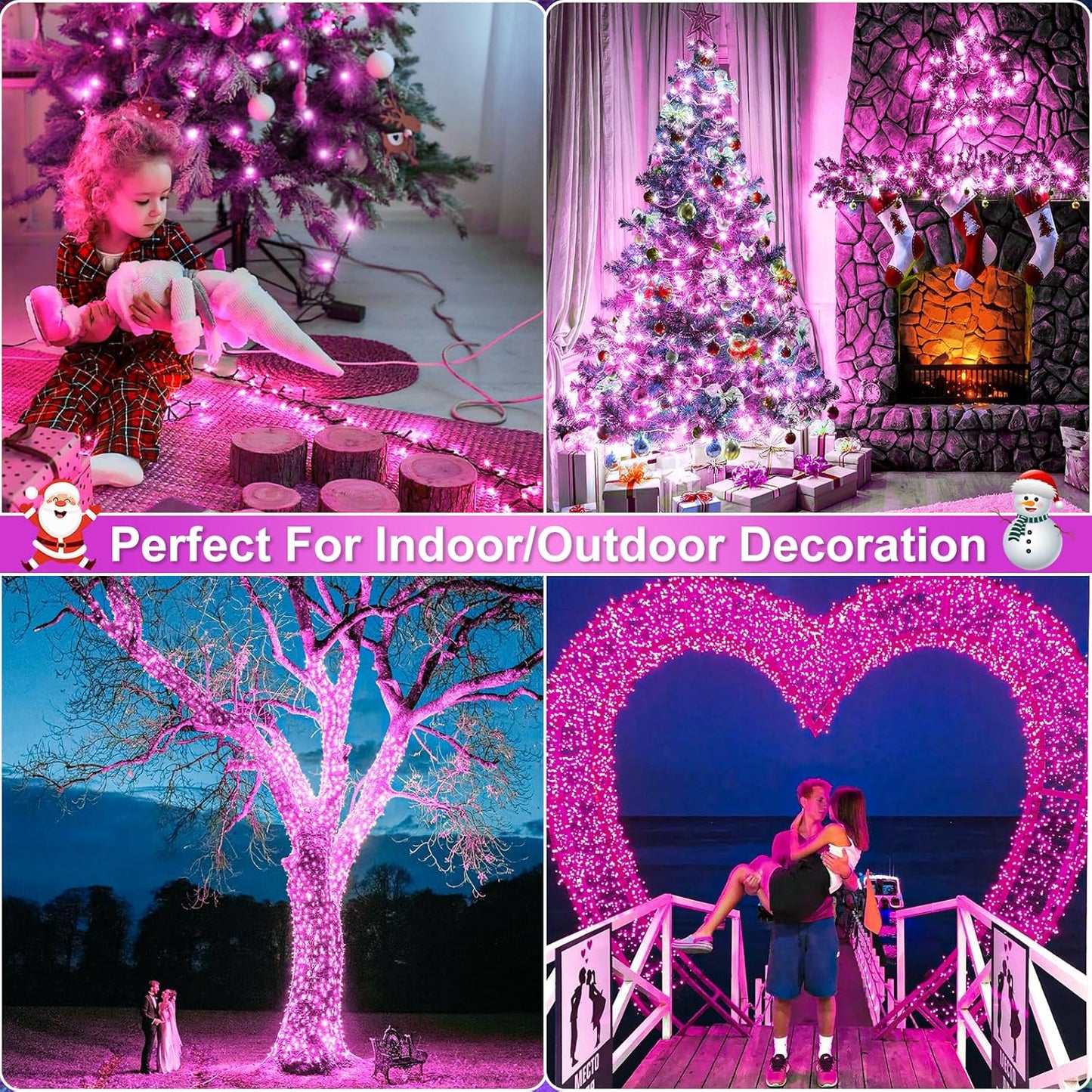 100FT 300 LED Christmas Lights Outdoor, Green Wire Christmas Tree Lights with 8 Modes Waterproof, Connectable String Lights for Outside for Indoor Garden Patio Party Wedding Decorations, Pink