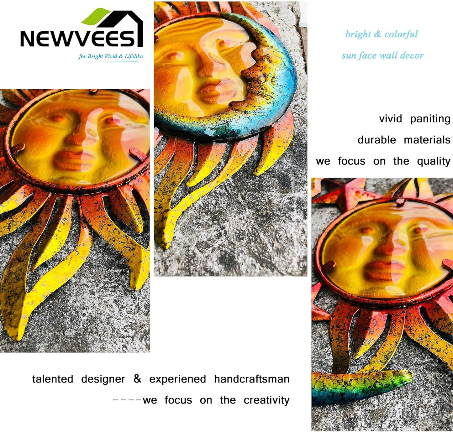 Sun Face Metal Wall Art Décor Outdoor Indoor, Sun Moon Star, Metal Glass Hanging for Garden Sun Face Sculptures & Statues Statues Wall Art for Farmhouse, Patio, Garden Decoration(3 Pack)