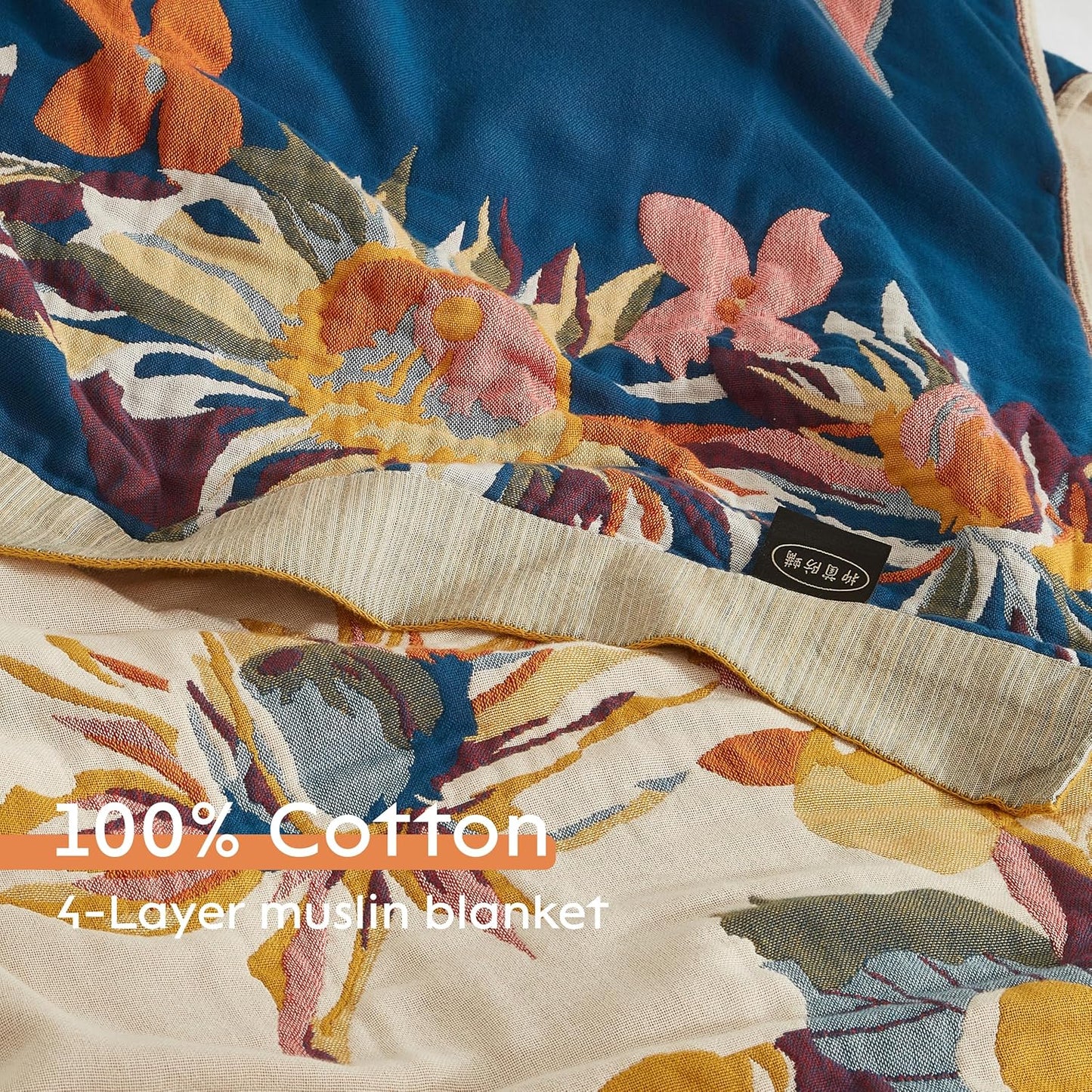 Boho Throw Blanket for Bed 80”x90”, 100% Cotton Woven Blanket for Couch Sofa, Ultra Soft 4-Layer Muslin Quilt with Vintage Floral Printed, Farmhouse Bed Blanket/Cover for Living Room Decor