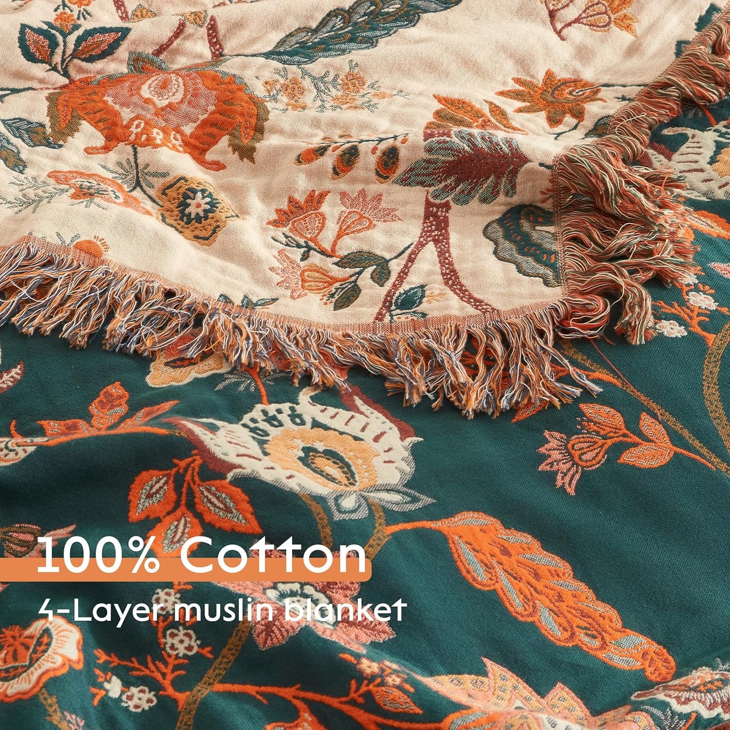Boho Throw Blanket for Bed 80”x90”, 100% Cotton Woven Blanket for Couch Sofa, Ultra Soft 4-Layer Muslin Quilt with Floral Printed, Farmhouse Bed Blanket/Cover for Living Room Decor