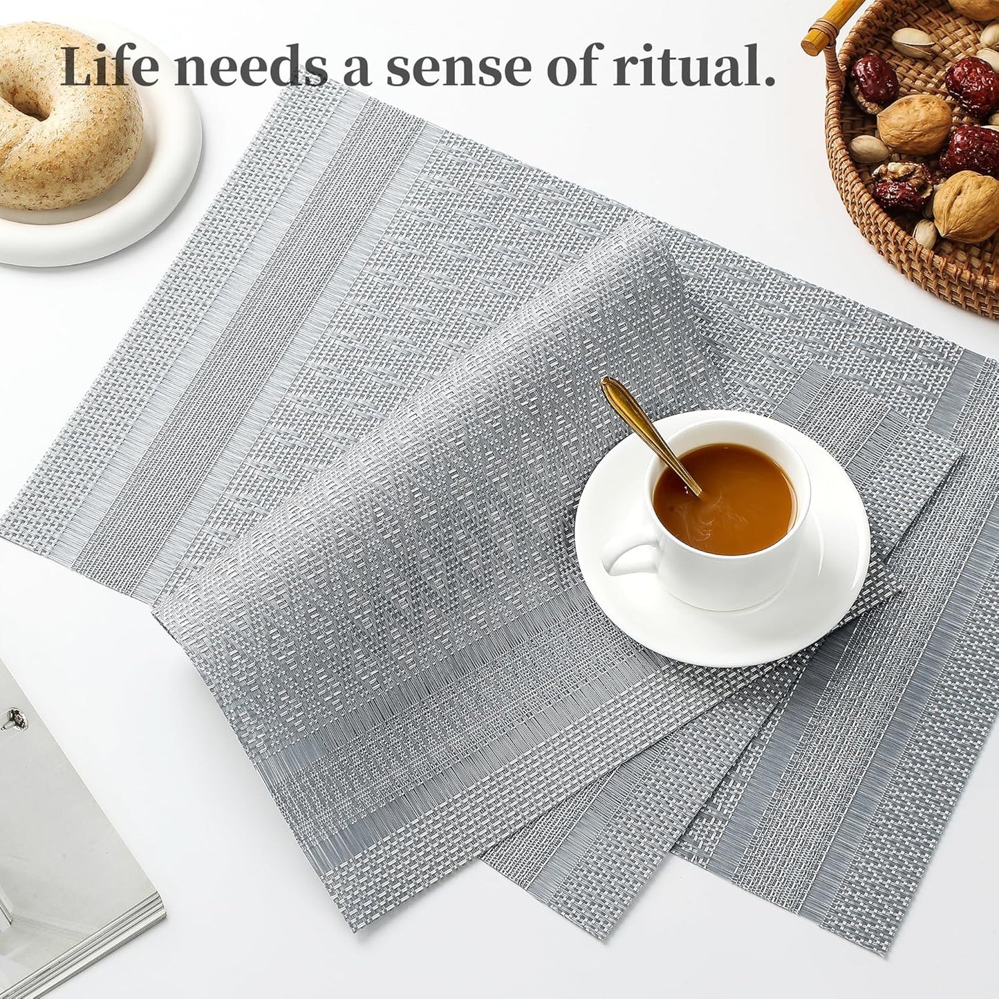 Leetaltree Lunar Grey Placemats Set of 4 - Heat Resistant Non-Slip Place mats for Dining Table, Washable Durable PVC Vinyl Woven Table Mats(Lunar Grey, 4)