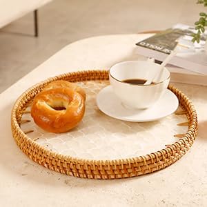 Round Rattan Tray with Mother of Pearl Inlay & Wooden Base - Decorative Wicker Serving Tray for Coffee/Bread/Fruits, Food Storage & Display - Multipurpose Home Decor (M,Fish Scales)