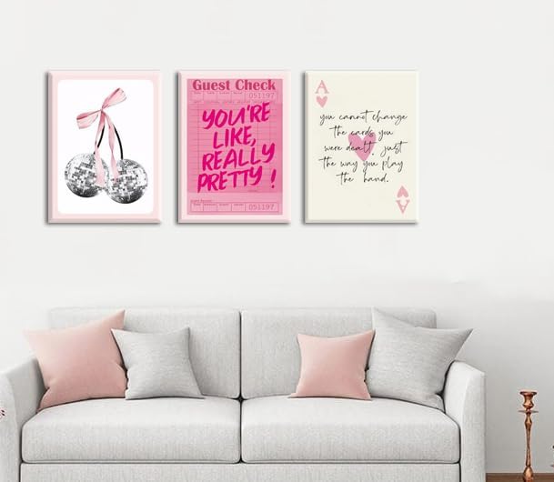 Pink Preppy Wall Art Framed Set of 3 Trendy Coquette Disco Cherry Posters Retro Guest Check Canvas Prints Poker Painting Positive Quote Pictures Room Decor Aesthetic for Girls Bedroom Dorm 12x16in