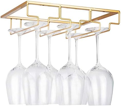 Wine Glass Rack - Under Cabinet Stemware Wine Glass Holder Glasses Storage Hanger Metal Organizer for Bar Kitchen Gold