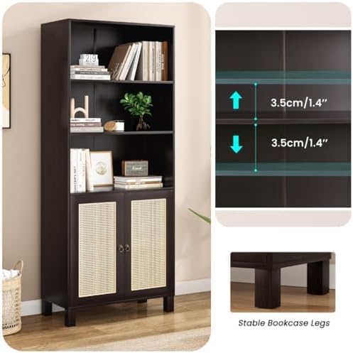 Tall Bookshelf, 5-Tier Book Shelf with 2 Rattan Doors, Freestanding Bookcase Display Shelves with Large Storage, Book Case for Living Room, Office, Study, Bedroom, 70.9 Inch