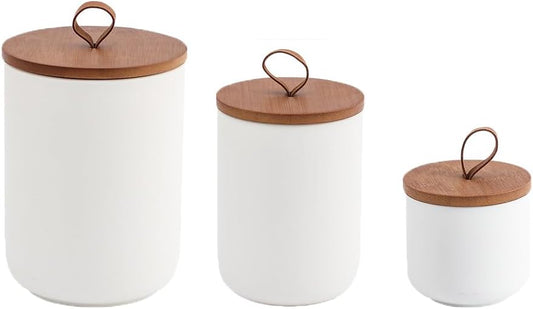 YYW Kitchen Canister Set for Countertop Set of 3, 9/28/45 oz Ceramic Food Storage Containers with Airtight Wood Lids, Food Saver Jars for Coffee, Tea, Candy, Flour(Three-piece suit in white)