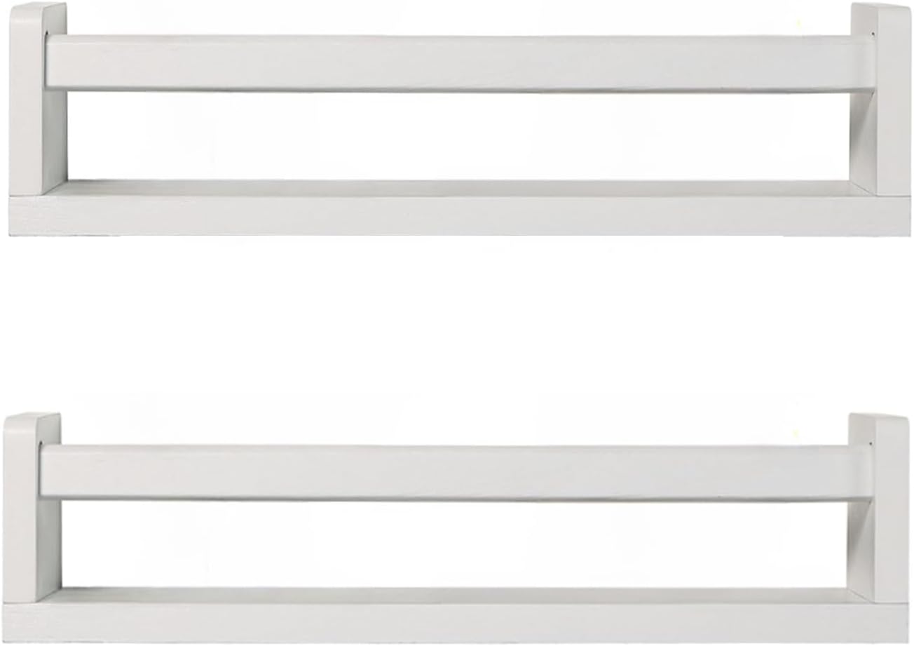 Nursery Book Shelves | Set of 2 Wood Floating Shelves for Kids Room, Kitchen Spice Rack, or Rustic Wall Mounted | Farmhouse Bathroom Décor (White)