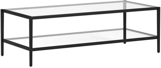 Henn&Hart 54" Wide Rectangular Coffee Table with Glass Shelf in Blackened Bronze, Modern coffee tables for living room, studio apartment essentials