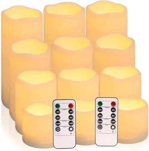 Flameless Battery Operated Outdoor Waterproof Set of 12(D: 3" x H: 3" 4" 5" 6") Pillar LED Candles with 10-Key Remote and Cycling 24 Hours Timer