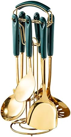 Generic Stainless Steel Kitchen Utensil Set, Spoon, Spatula, Pasta Server, Small Spatula (Green & Gold)