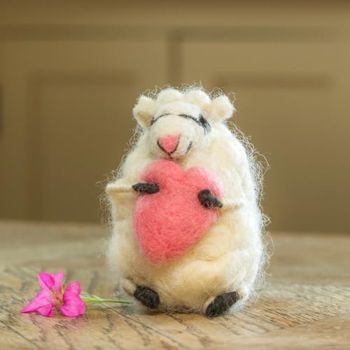 | Hand-Felted Loving Lottie Sheep Hugging Heart | Organic Wool Home Decor | Fair Trade Plush Animal Ornament | Gift for Any Occasion | Perfect for New Spaces & Home Accessories