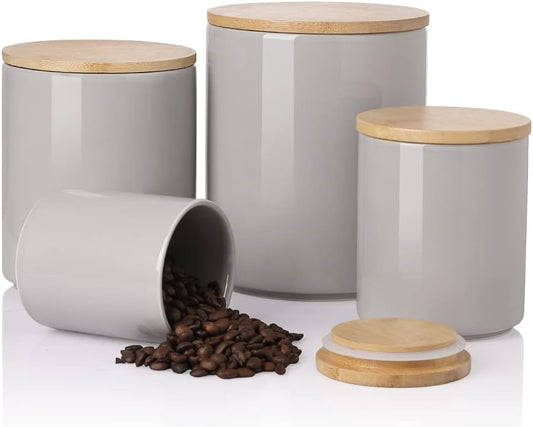 Sweejar Kitchen Canisters Ceramic Food Storage Jar Set, Stackable Containers with Airtight Seal Bamboo Lid for Serving Ground Coffee, Tea,Grains, Herbs,Sugar, Salt and More - Pack of 4（Gray）