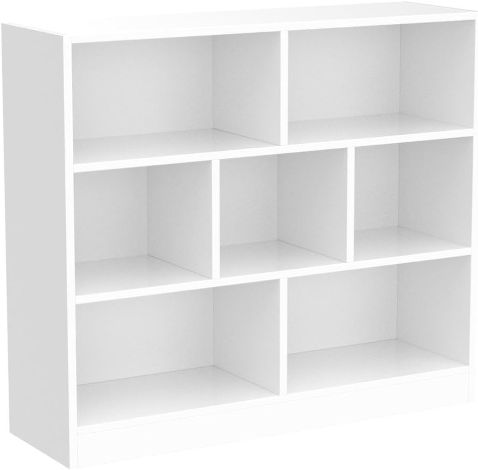 IOTXY Open Shelf Low Bookcase - Wooden 3-Tier Floor Standing Display Cabinet Organizer with Base, 7 Cubes Short Horizontal Bookshelf in Warm White