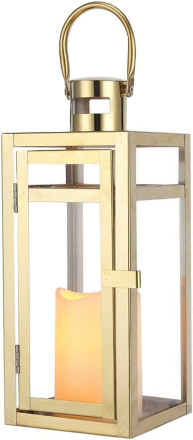 TRIROCKS Stainless Steel Decorative Lantern 12'' High Metal Candle Holder Outdoor Candle Lantern with Tempered Panels for Christmas Home Decor Living Room Parties Events Tabletop Indoor Outdoor (Gold)