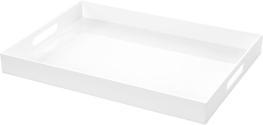 White Rectangular 14x20 Inches Acrylic Ottoman Tray Decorative Serving Tray with Cutout Handles Organizer Tray on Coffee Table Countertop Big Breakfast Bed Tray Living Room Appetizer Serving Food