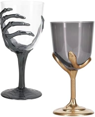 Halloween Gothic Wine Glass Set, Gray Skeleton Hand Stem and Gray Snake Gold Base, Spooky Party Glassware, Clear Cup with Dark Accent