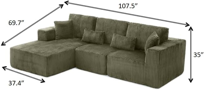 Modular Sectional Sofa Cloud Sectional Couch, 135" Comfy Fluffy L Shaped Olive Green Couches for Living Room, Deep Seat Memory Foam Plush Corduroy Boneless Couch Sectionals Left Facing Chaise Sofa