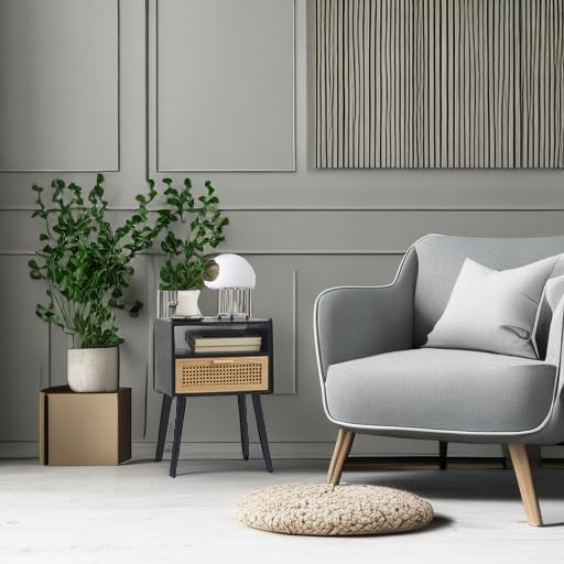 MaxSmeo End Table with Storage Mid Century Nightstand with Rattan Drawer and Shelf, Wood Small Side Coffee Table for Small Space, Living Room and Bedroom, Easy Assembly (Black)