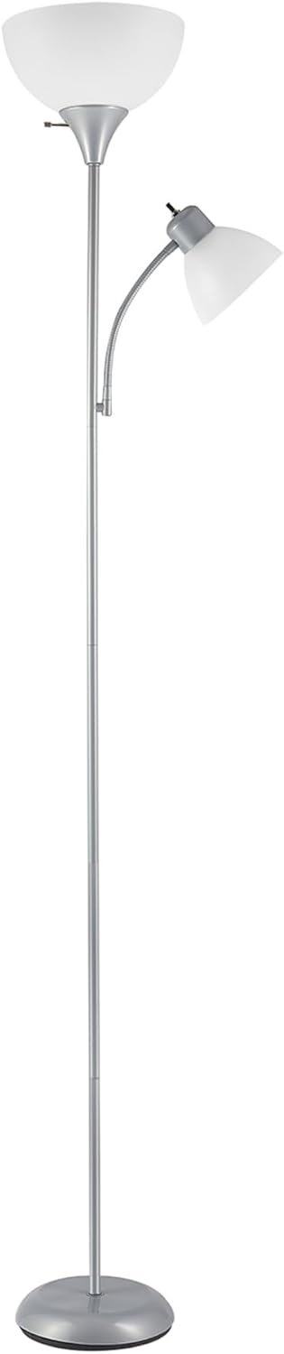 GLOBE Electric 67134 72" Torchiere Floor Lamp and Adjustable Reading Light, Silver, Frosted Shade, Dual Rotary Switch, 3-Step Dimming, Modern Lighting for Living Room or Office, Timeless