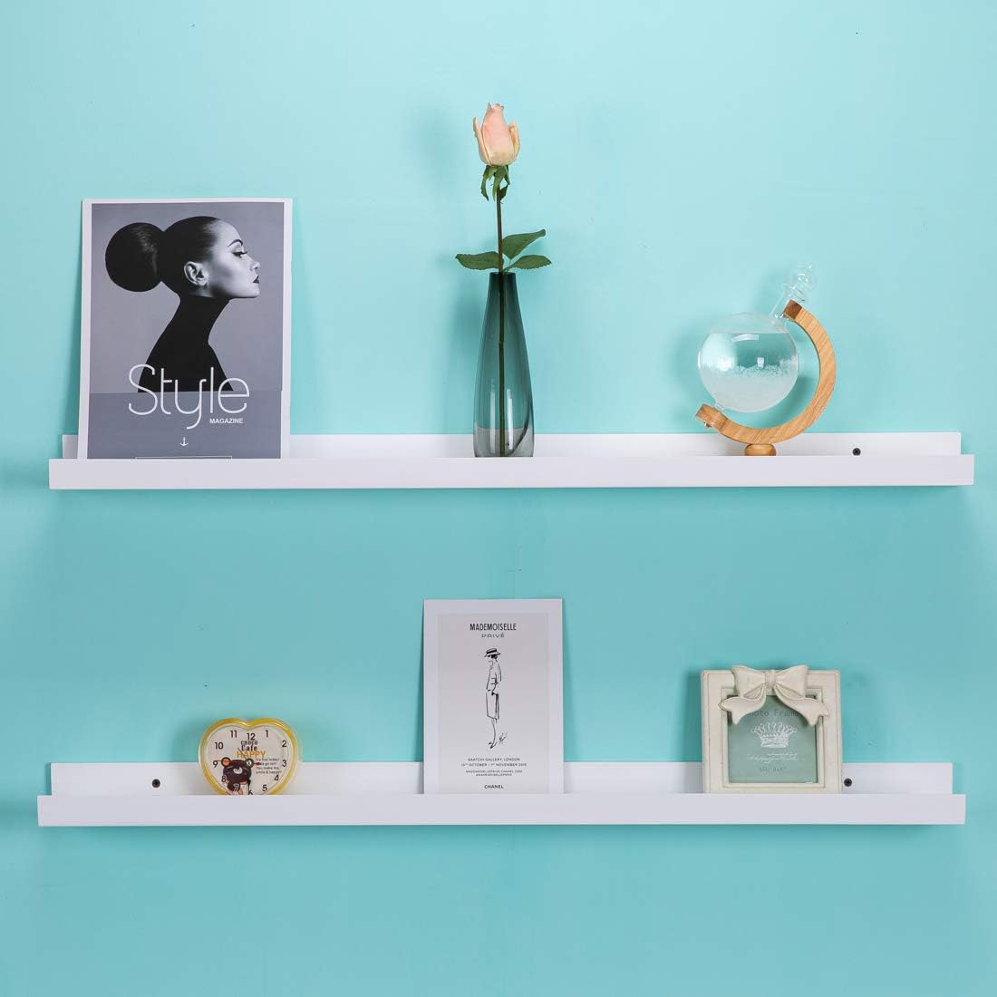 AZSKY 48 Inch White Picture Ledge Shelf Long Floating Shelves Set of 2 Wall Picture Shelf Pine Photo Frames Narrow Picture Ledge Mounting Hardware Included