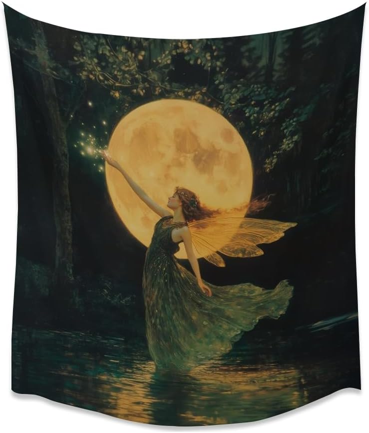 Whimsical Fairy Tapestry Fantasy Moonlight Fae Goddess Print Moody Gothic Aesthetic Wall Hanging Magical Forest Pictures Dark Cottage Witchy Tapestries for Girls Room Bedroom 30x40inch