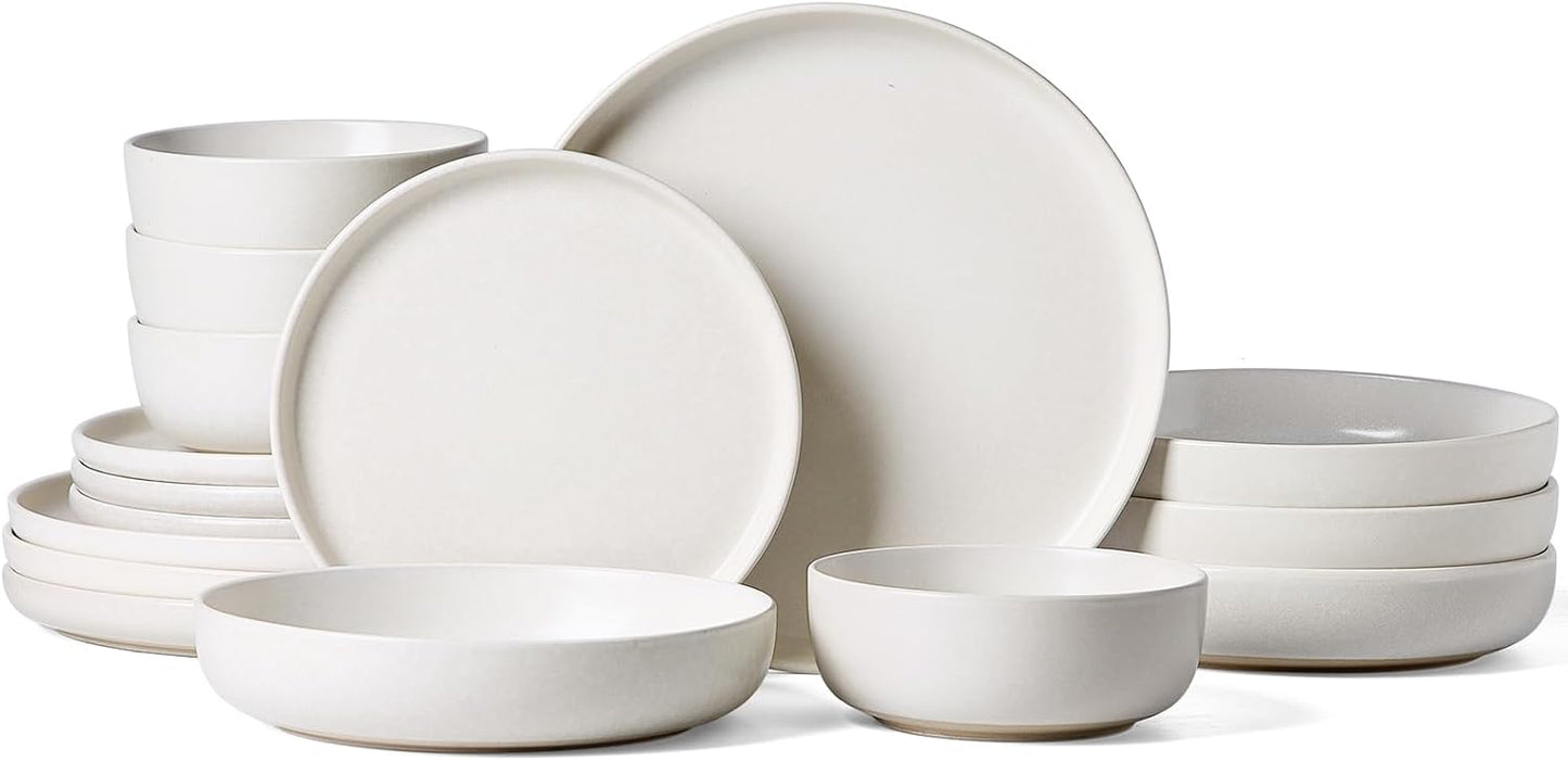 Famiware Milkyway Stoneware Dinnerware Sets with Pasta Bowls, Service for 4 (16 Pieces), Reactive Glaze Plates and Bowls Sets, Microwave and Dishwasher Safe Dishes Set, Matte White