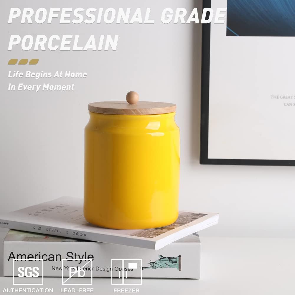 Sweejar Ceramic Kitchen Canisters, 58 FLOZ Porcelain Food Storage Jar with Airtight Seal Wooden Lid, Home Container Serving for Coffee Beans, Tea-leave, Sugar, Salt and More, Tool Bucket (Yellow)